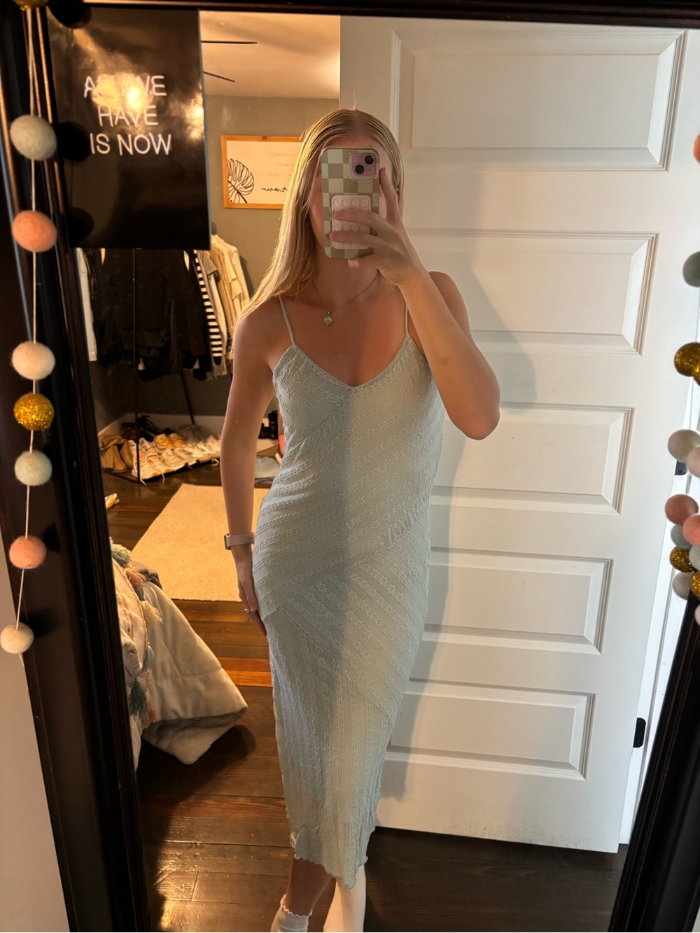 iris Light Blue Slip Midi Dress with Spaghetti Straps
